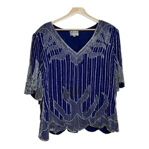 Judith Ann Plus Size 2X Blue Beaded‎ Sequined Embellished silk Party Top Blouse